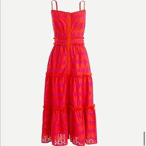 J. Crew Button-up Tiered Midi Sundress in Pink & Orange Eyelet